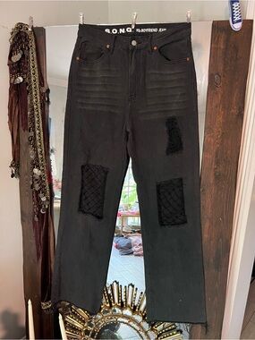 S.O.N.G. Black Distressed Boyfriend Jeans with Fishnet Patches Size 29